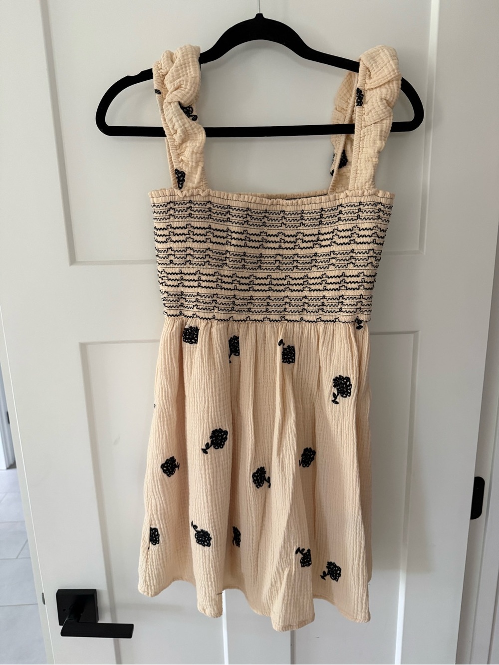 Smocked Cream Mini Dress with Black Floral Embroidery